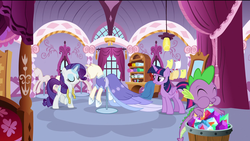 Size: 1920x1080 | Tagged: safe, screencap, rarity, spike, twilight sparkle, alicorn, dragon, pegasus, pony, unicorn, g4, the last problem, chubby cheeks, clothes, dress, eating, eyes closed, female, gem, male, mannequin, mare, measuring tape, puffy cheeks, twilight sparkle (alicorn), winged spike, wings