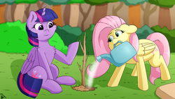 Size: 1920x1080 | Tagged: safe, artist:h3nger, fluttershy, twilight sparkle, alicorn, pegasus, pony, g4, cutie mark, horn, outdoors, sapling, sitting, tree, twilight sparkle (alicorn), watering can, wings