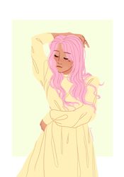 Size: 1280x1828 | Tagged: safe, artist:fioweress, fluttershy, human, g4, abstract background, clothes, dress, eyes closed, female, humanized, solo