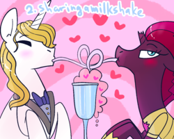 Size: 1000x800 | Tagged: safe, artist:tempestintheponyvile, prince blueblood, tempest shadow, pony, unicorn, g4, berryblood, blushing, broken horn, crack shipping, duo, female, heart, horn, male, mare, milkshake, sharing a drink, shipping, stallion, straight, straw