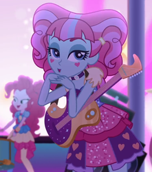 Size: 746x845 | Tagged: safe, screencap, kiwi lollipop, pinkie pie, equestria girls, equestria girls specials, g4, my little pony equestria girls: better together, my little pony equestria girls: sunset's backstage pass, choker, clothes, cropped, cute, drums, electric guitar, female, guitar, k-lo, k-lo betes, lidded eyes, looking at you, musical instrument, skirt, stage, true original (song)
