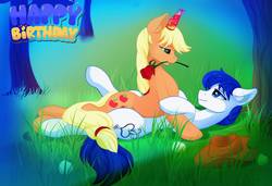 Size: 1081x739 | Tagged: safe, artist:wildviolet-m, applejack, oc, oc:constance everheart, earth pony, pony, g4, birthday, canon x oc, everjack, female, flower, gift art, hat, looking at each other, male, mare on top, party hat, rose, shipping, straight