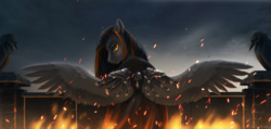 Size: 2480x1180 | Tagged: safe, artist:vincher, oc, oc only, oc:kairos ray, pegasus, pony, league of legends, looking at you, looking back, looking back at you, solo, spread wings, wings