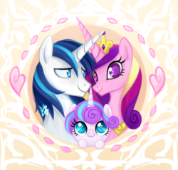 Size: 1280x1226 | Tagged: safe, artist:mn27, princess cadance, princess flurry heart, shining armor, alicorn, pony, unicorn, g4, baby, baby pony, bust, colored pupils, cute, cutedance, family, father and daughter, female, filly, flurrybetes, foal, heart, husband and wife, male, mare, mother and daughter, portrait, royal family, shining adorable, ship:shiningcadance, shipping, stallion, straight, trio