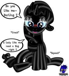 Size: 3860x4244 | Tagged: safe, artist:damlanil, rarity, latex pony, pony, unicorn, g4, blue sclera, comic, cute, darling, dialogue, female, happy, latex, living latex, looking at you, makeup, mare, mind control, shiny, simple background, solo, symbiote, transformation, transparent background