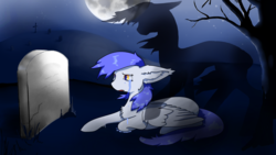 Size: 1920x1080 | Tagged: safe, artist:shaoblades, oc, oc only, oc:gabriel, pegasus, pony, cold, crying, female, full moon, gravestone, graveyard, grief, grieving, implied death, mare, moon, night, sad, shadow, solo