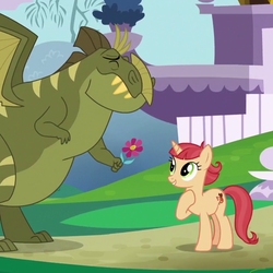 Size: 630x630 | Tagged: safe, screencap, pixy canela, rex, dragon, pony, g4, season 9, the last problem, background pony, cropped, cute, daaaaaaaaaaaw, duo, duo male and female, eyes closed, female, flower, grin, happy, hoof on chest, implied interspecies, male, mare, nervous, rexcanela, romantic gesture, shipping, smiling, straight, surprised