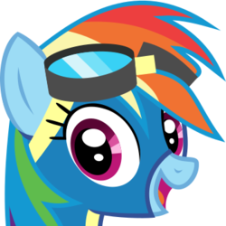 Size: 263x263 | Tagged: safe, artist:lightningbolt, derpibooru exclusive, rainbow dash, pegasus, pony, derpibooru, g4, .svg available, bust, clothes, cute, dashabetes, derpibooru badge, female, goggles, happy, looking at you, mare, meta, open mouth, show accurate, simple background, solo, svg, transparent background, uniform, vector, wonderbolts uniform