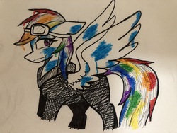 Size: 4032x3024 | Tagged: safe, artist:ponime11, rainbow dash, pegasus, pony, g4, clothes, female, goggles, mare, rainbow factory dash, simple background, solo, traditional art
