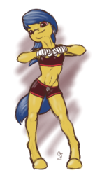 Size: 1050x1800 | Tagged: safe, artist:trefoiler, oc, oc only, oc:soft step, earth pony, anthro, armpits, bandage, clothes, colored sketch, female, legs, mare, midriff, shorts, simple background, sketch, smiling, solo, sports bra, sports shorts, white background