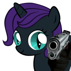 Size: 1095x1097 | Tagged: safe, oc, oc only, oc:nyx, alicorn, pony, alicorn oc, dagger eyes, delet this, gun, meme, out of character, realistic hand, simple background, solo, suddenly hands, transparent background, weapon