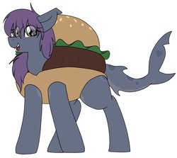 Size: 2500x2227 | Tagged: safe, artist:codras, oc, oc only, oc:spring tide, original species, pony, shark pony, borger, burger, burger costume, catchlights, clothes, costume, food, food costume, freckles, hamburger, hamburger costume, heart, high res, highlights, leopard shark, looking at you, open mouth, sharp teeth, simple background, smiling, solo, teeth, white background