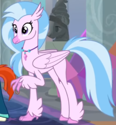 Size: 360x387 | Tagged: safe, screencap, silverstream, sunburst, classical hippogriff, hippogriff, pony, unicorn, g4, the last problem, cropped, female, folded wings, jewelry, male, necklace, older, older silverstream, older sunburst, quadrupedal, school of friendship, smiling, solo focus, stallion, wings