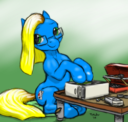 Size: 1250x1200 | Tagged: safe, artist:trefoiler, oc, oc only, oc:vee, earth pony, pony, computer, cushion, cutie mark, glasses, gradient background, green background, male, simple background, sitting, solo, stallion, table