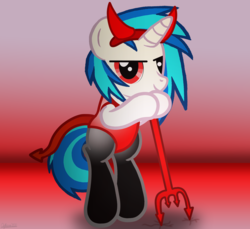 Size: 3600x3300 | Tagged: safe, artist:agkandphotomaker2000, dj pon-3, vinyl scratch, pony, unicorn, g4, bipedal, devil costume, fake horns, female, high res, pitchfork, solo