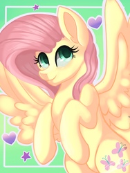 Size: 1536x2048 | Tagged: safe, artist:sweetkllrvane, fluttershy, pegasus, pony, g4, cute, female, heart, looking at you, mare, shyabetes, smiling, solo, spread wings, three quarter view, wallpaper, wings
