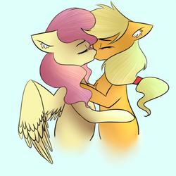 Size: 1011x1011 | Tagged: safe, artist:coffeekits, applejack, fluttershy, earth pony, pegasus, pony, g4, duo, eyes closed, female, kiss on the lips, kissing, lesbian, mare, ship:appleshy, shipping, simple background