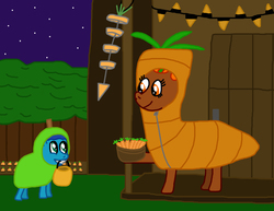Size: 3036x2340 | Tagged: safe, artist:sb1991, oc, oc only, oc:carrot root, earth pony, pony, carrot, carrot costume, clothes, costume, decoration, food, food costume, garden, halloween, high res, holiday, night, nightmare night, pear, pear costume, pumpkin bucket