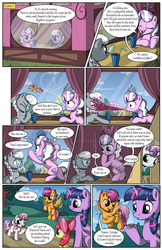 Size: 2030x3130 | Tagged: safe, artist:sirzi, apple bloom, diamond tiara, scootaloo, silver spoon, sweetie belle, twilight sparkle, alicorn, pegasus, pony, unicorn, comic:talisman for a pony, g4, butt, comic, crown, cutie mark crusaders, female, filly, glasses, high res, jackie chan adventures, jewelry, mare, necklace, plot, regalia, scootaloo can fly, shocked, speech bubble, spit take, talisman, twilight sparkle (alicorn)