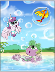 Size: 2550x3300 | Tagged: safe, artist:loreto-arts, peewee, princess flurry heart, spike, alicorn, dragon, phoenix, pony, sea dragon, g4, baby, baby flurry heart, baby pony, baby spike, beach, blowing bubbles, bubble, bubble breath, cute, female, filly, flurrybetes, high res, magic, male, peeweebetes, species swap, spike the seadragon, younger