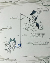 Size: 3024x3780 | Tagged: safe, artist:loreto-arts, rainbow dash, spike, dragon, pony, g4, cloud, diamond, fishing rod, gem, high res, inktober, monochrome, partial color, traditional art, winged spike, wings