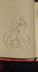 Size: 678x1280 | Tagged: safe, artist:ardilya, tempest shadow, pony, unicorn, g4, female, filly, filly tempest shadow, monochrome, photo, scared, sketch, solo, traditional art, younger