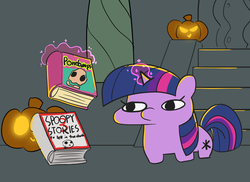 Size: 2855x2074 | Tagged: safe, artist:pabbley, twilight sparkle, pony, unicorn, g4, book, decoration, female, glowing horn, goosebumps, halloween, high res, holiday, horn, i can't believe it's not jargon scott, jack-o-lantern, levitation, magic, magic aura, mare, pumpkin, scary stories to tell in the dark, solo, spoopy, telekinesis, twiggie, unicorn twilight