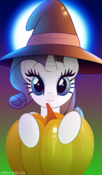 Size: 700x1200 | Tagged: safe, artist:lennonblack, rarity, pony, unicorn, g4, cute, female, halloween, hat, holiday, mare, moon, pumpkin, raribetes, solo, witch hat