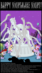 Size: 952x1636 | Tagged: safe, artist:ponymaan, cozy glow, lord tirek, queen chrysalis, g4, the ending of the end, adventure in the comments, clothes, costume, halloween, halloween costume, holiday, legion of doom statue, nightmare night, petrification, statue, toilet paper