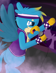 Size: 2550x3300 | Tagged: safe, artist:skyflys, gallus, griffon, g4, cheek fluff, chest fluff, clothes, high res, male, punk, singing, solo, spread wings, teenager, wings