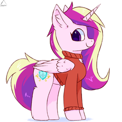 Size: 1200x1200 | Tagged: safe, artist:glazirka, princess cadance, alicorn, pony, g4, alternate hairstyle, chest fluff, clothes, cute, cutedance, ear fluff, female, mare, messy mane, simple background, smiling, solo, sweater, white background