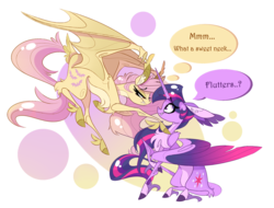 Size: 2687x2046 | Tagged: safe, artist:marbola, fluttershy, twilight sparkle, alicorn, bat pony, pegasus, pony, g4, abstract background, bat ponified, chest fluff, eye contact, female, flutterbat, high res, lesbian, looking at each other, mare, race swap, ship:twishy, shipping, twilight sparkle (alicorn), unshorn fetlocks