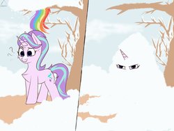 Size: 1600x1200 | Tagged: safe, artist:glazirka, rainbow dash, starlight glimmer, pegasus, pony, unicorn, g4, angry, chest fluff, eye, eyes, female, horn, looking at something, mare, offscreen character, prank, question mark, snow, tree, winter
