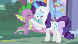 Size: 1788x1006 | Tagged: safe, artist:georgegarza01, rarity, spike, dragon, pony, unicorn, g4, blushing, boop, bouquet, dragon x pony, female, flower, imminent kissing, levitation, magic, male, mare, noseboop, ship:sparity, shipping, show accurate, straight, telekinesis