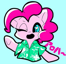Size: 1200x1171 | Tagged: safe, artist:asg, pinkie pie, earth pony, pony, g4, blue background, bust, clothes, cute, diapinkes, female, hawaiian shirt, mare, one eye closed, open mouth, shirt, simple background, solo, wink
