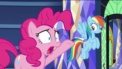 Size: 1920x1080 | Tagged: safe, screencap, pinkie pie, rainbow dash, earth pony, pegasus, pony, g4, my little pony: friendship is magic, the last problem, female, flying, mare, shocked, smiling, surprised