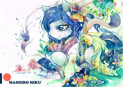 Size: 3395x2409 | Tagged: safe, artist:mashiromiku, rarity, earth pony, pony, g4, clothes, high res, kimono (clothing), missing horn, patreon, patreon logo, traditional art, watercolor painting
