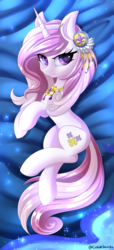 Size: 2674x5839 | Tagged: safe, artist:ask-colorsound, fleur-de-lis, pony, unicorn, body pillow, body pillow design, cutie mark, ear piercing, earring, female, jewelry, lidded eyes, looking at you, mare, necklace, on side, piercing, smiling, solo, ych result