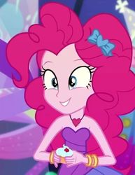 Size: 504x654 | Tagged: safe, screencap, pinkie pie, equestria girls, g4, my little pony equestria girls: better together, twilight under the stars, bare shoulders, bracelet, clothes, cropped, cupcake, cute, diapinkes, dress, female, food, grin, hairband, heart necklace, jewelry, rah rah skirt, skirt, sleeveless, sleeveless dress, smiling, solo, strapless, strapless dress, teeth