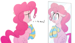 Size: 1810x1032 | Tagged: safe, artist:hattsy, pinkie pie, earth pony, pony, g4, bipedal, clothes, cute, dialogue, diapinkes, female, mare, mirror, no pupils, open mouth, smiling, socks, solo, striped socks