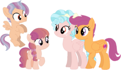 Size: 799x465 | Tagged: safe, artist:camomile, artist:selenaede, cozy glow, scootaloo, oc, oc:bright eyes, oc:skyrocket, pegasus, pony, g4, accessory, base used, bow, colt, female, filly, flying, foal, freckles, lesbian, magical lesbian spawn, male, mare, offspring, older, older cozy glow, older scootaloo, parent:cozy glow, parent:scootaloo, parents:cozyloo, raised hoof, ship:cozyloo, shipping, simple background, smiling, standing, transparent background, wings