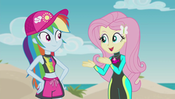 Size: 1920x1080 | Tagged: safe, screencap, fluttershy, rainbow dash, aww... baby turtles, equestria girls, g4, my little pony equestria girls: better together, baseball cap, beach, beach babe, belly button, cap, clothes, cute, dashabetes, duo, duo female, female, geode of fauna, geode of super speed, hand on hip, hat, magical geodes, midriff, open mouth, shorts, shyabetes, smiling, wetsuit