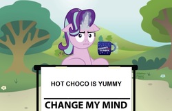 Size: 1024x662 | Tagged: safe, edit, starlight glimmer, pony, g4, :i, change my mind, chocolate, female, food, hot chocolate, i mean i see, solo, truth