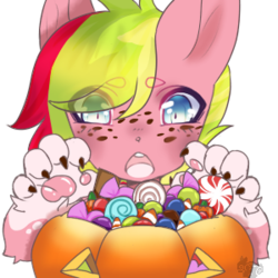 Size: 300x300 | Tagged: safe, artist:hatterbunny, oc, oc only, oc:sugar berry, diamond dog, hybrid, pony, beanbrows, candy, cute, eye clipping through hair, eyebrows, female, food, freckles, halloween, holiday, lollipop, mare, markings, paw pads, paws, pumpkin, pumpkin bucket, simple background, solo, toe beans, transparent background, underpaw, ych result