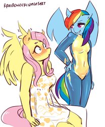 Size: 2500x3000 | Tagged: safe, artist:rainbowsprinklesart, fluttershy, rainbow dash, pegasus, anthro, g4, blushing, breasts, clothes, colored pupils, dress, ear blush, female, hand on hip, high res, latex, latex suit, lesbian, sexy, ship:flutterdash, shipping, sitting, skintight clothes, spread wings, stupid sexy fluttershy, stupid sexy rainbow dash, uniform, wingboner, wings, wonderbolts uniform