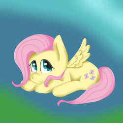 Size: 4000x4000 | Tagged: safe, artist:nemsleep, fluttershy, pegasus, pony, g4, cute, female, gradient background, looking at you, mare, prone, shyabetes, smiling, solo, spread wings, three quarter view, wings