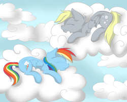 Size: 5000x4000 | Tagged: safe, artist:nemsleep, derpy hooves, rainbow dash, pegasus, pony, g4, cloud, eyes closed, female, lying on a cloud, mare, sleeping