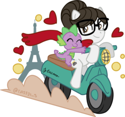 Size: 1452x1359 | Tagged: safe, artist:tassji-s, raven, spike, dragon, earth pony, pony, g4, female, glasses, male, mare, paris, scooter, ship:ravenspike, shipping, simple background, straight, transparent background