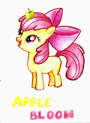 Size: 2550x3507 | Tagged: safe, artist:jenyeongi, apple bloom, earth pony, pony, g4, apple, blank flank, female, filly, food, high res, solo, traditional art