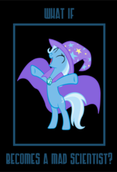 Size: 707x1031 | Tagged: safe, artist:mega-poneo, trixie, pony, unicorn, g4, bipedal, black background, cape, clothes, eyes closed, female, happy, hat, mad scientist, mare, meme, simple background, solo, trixie's cape, trixie's hat